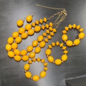 Bright Yellow Jewelry Set Drop Earrings Stretch Bracelet Double Strand Necklace
